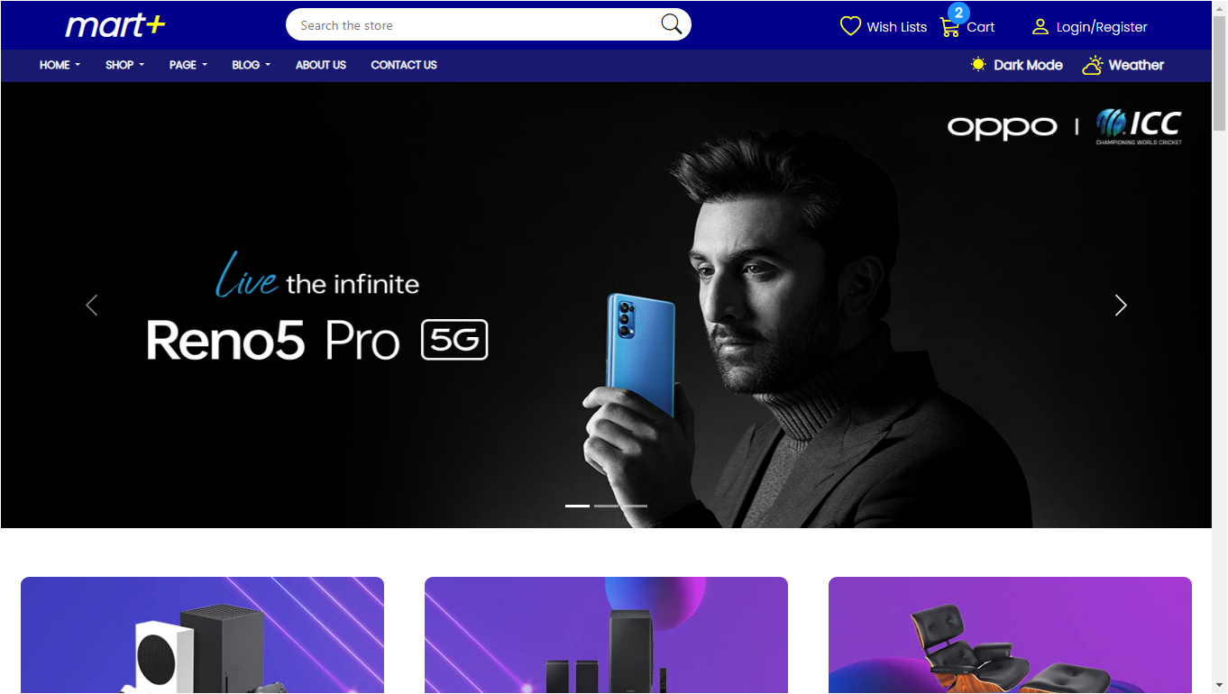 Screenshot of E-commerce frontend with product listings and shopping cart