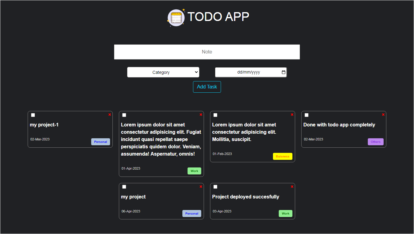Screenshot of TODO App with task list and completion status